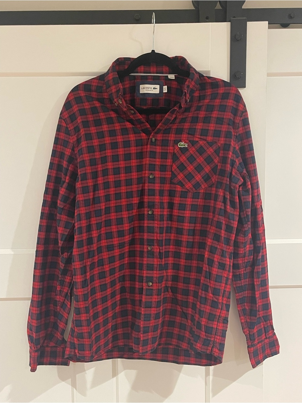 Lacoste Red and Black Plaid Button-Down Shirt
